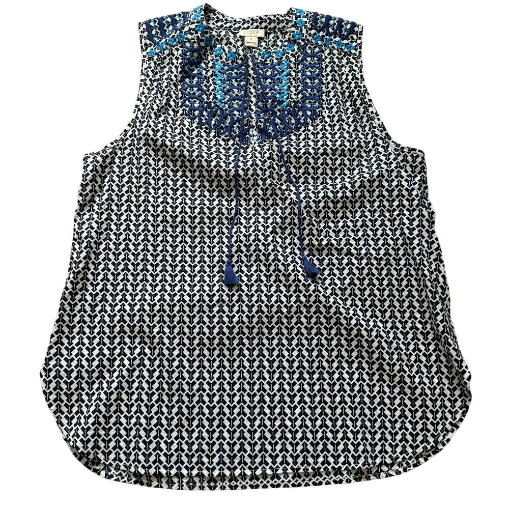 J Crew Embroidered Blue and White 100% Cotton Sleeveless Shirt-size 4